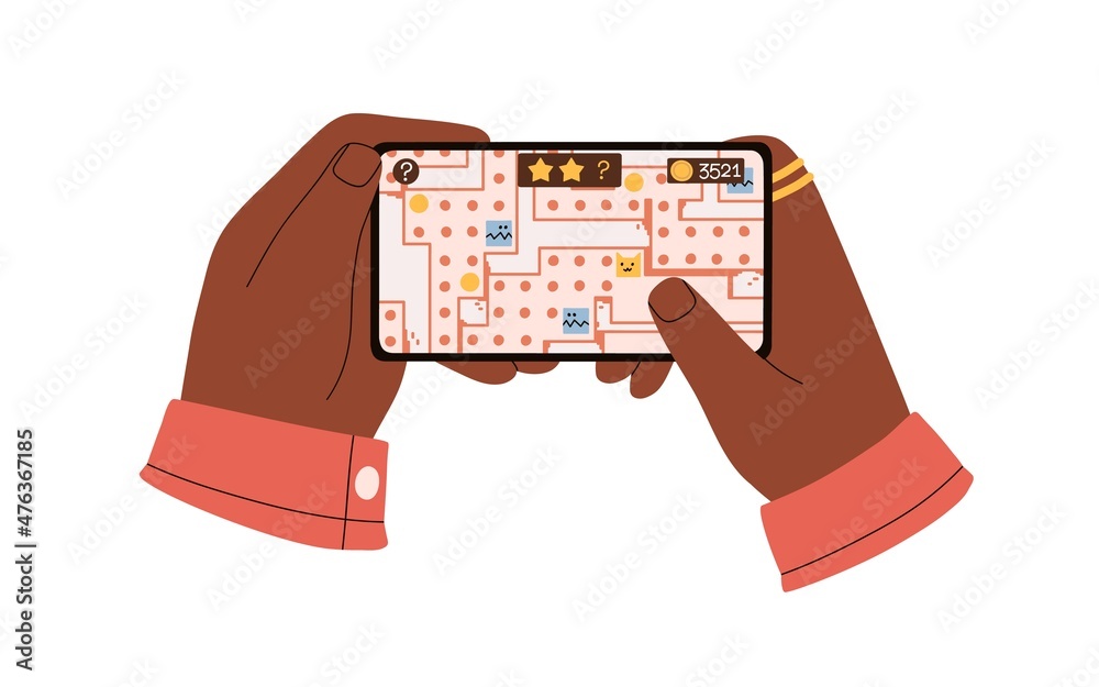 Poster hands holding mobile phone, playing game. gamer touching smartphone screen with maze app. black pers