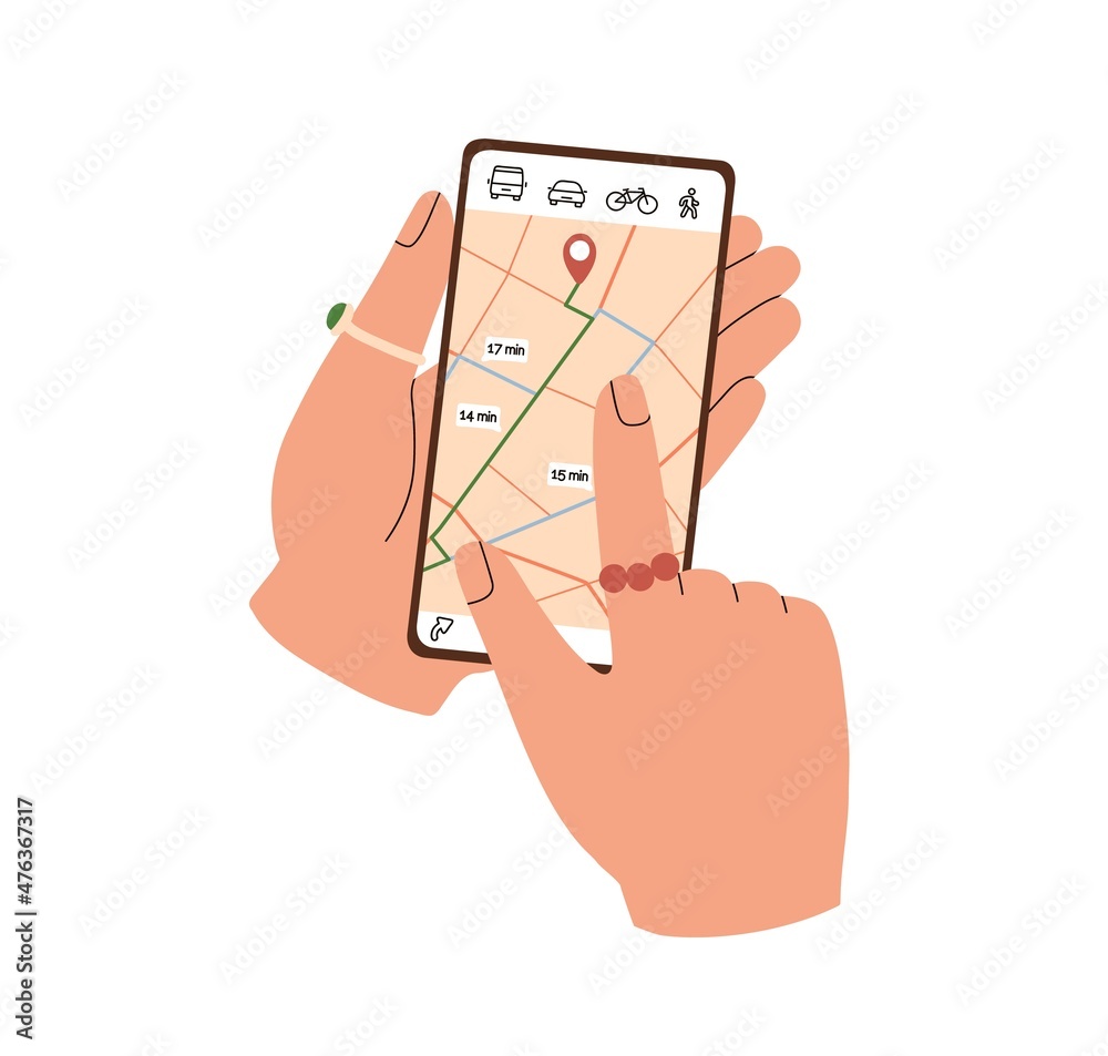 Poster Hand holding mobile phone and searching route and location with GPS map app. Person use smartphone screen with navigator application. Flat graphic vector illustration isolated on white background