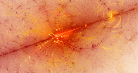 Abstract energy ray from red and yellow fractals. Abstract fractals background. Fantasy light glowing shapes wallpaper. Digital fractal art.  Сomputer creative. 3d rendering