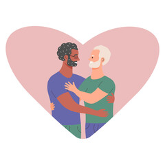 Happy older gay men couple is hugging on the background of heart. LGBT family and love concept. Homosexual greeting card for Valentine's Day.