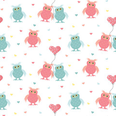 Seamless pattern with cute owls, balloon and hearts. Vector illustration.