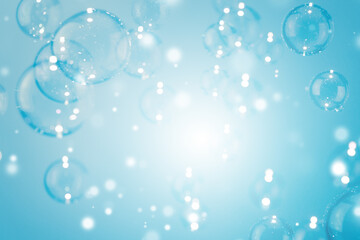 Beautiful Transparent  Shiny Blue Soap Bubbles Background. Celebration, White Bokeh Bubbles Backdrop. Christmas Wallpaper.