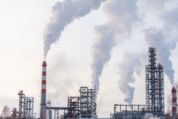 Petrochemical industrial factory of heavy industry, power refinery production with smoke...