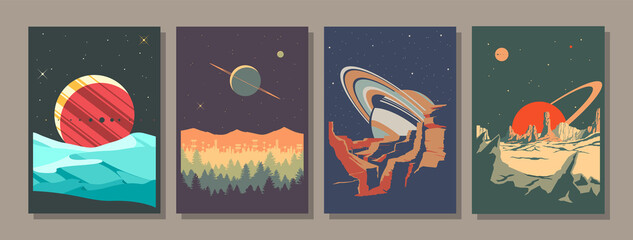 See Universe! Retro Style Space Posters, Extraterrestrial Landscapes, Alien Planets and Stars, Mountains, Sands, Rocks and Forests © koyash07