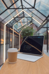 freelancer's workplace. A thin mobile laptop on a table in a coworking or other public space. low depth of field. tablet computer with a code on the screen and coffee to take away.