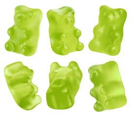 Collection of green jelly gummy bears, isolated on white background
