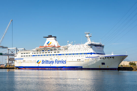 Le Havre, France - June 16, 2021: The ferry boat "Bretagne" from the french company Brittany Ferries is moored in the port of Le Havre.