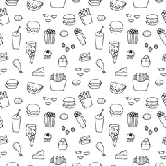 Fast food seamless pattern vector illustration, hand drawing doodles
