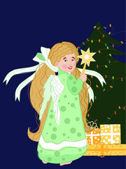 A girl dressed as an angel puts a star on the tree.
