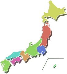 地方ごとに色分けされたカラフルな日本列島のイラスト