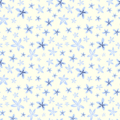 Pastel blue flowers seamless pattern on cream colored background. Floral ditsy ornament. Blue abstract botanical repeat print for textile, fabric, wallpaper, wrapping paper and decoration.