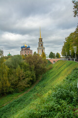 View of the 11th century Assumption Cathedral and bell tower of the Ryazan Kremlin from the Trubezh river embankment, Ryazan, Russia