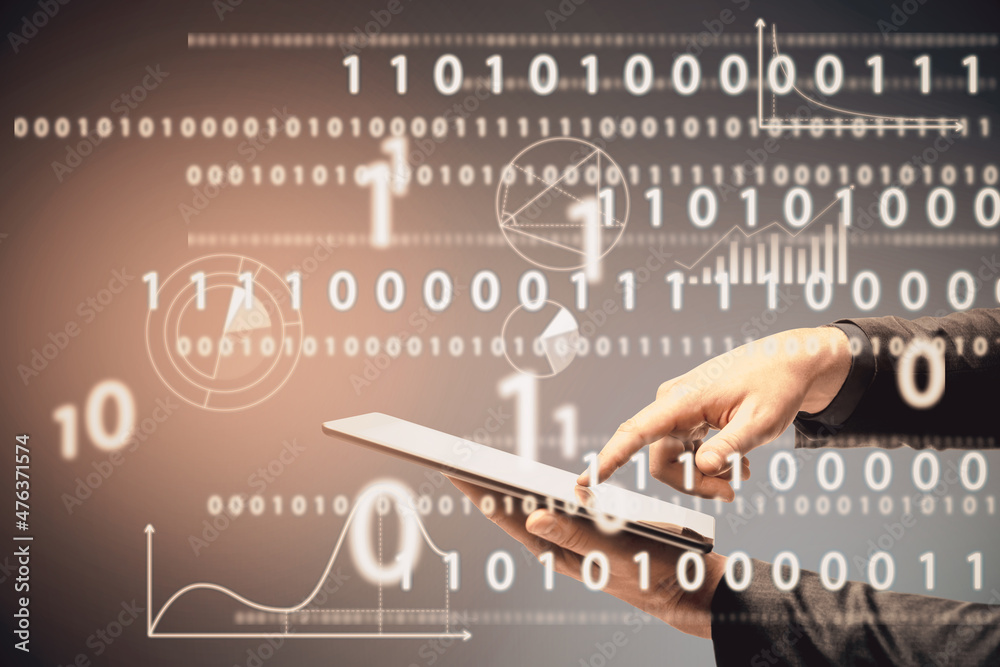 Poster Close up of businessman hand pointing at tablet abstract glowing interface with binary code and business chart. Information, technology and data concept. Double exposure.