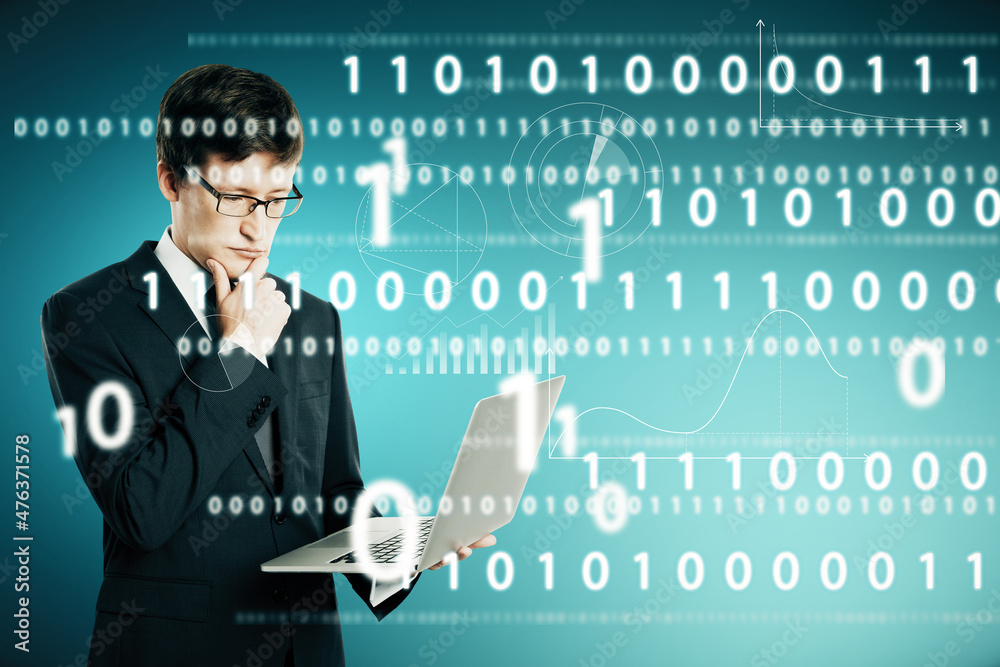 Poster Portrait of attractive thoughtful businessperson holding laptop with abstract glowing interface with binary code and business chart. Information, technology and data concept. Double exposure.