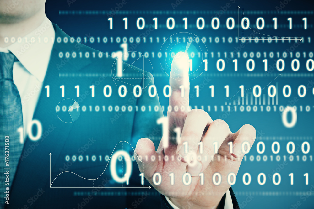 Poster Close up of businessman hand pointing at abstract glowing interface with binary code and business chart. Information, technology and data concept. Double exposure.