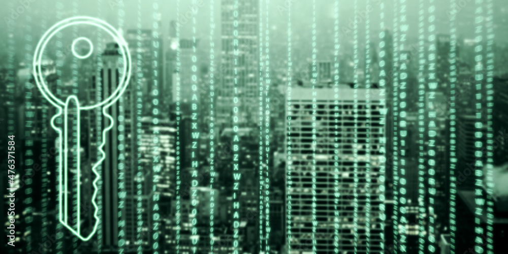 Aufkleber Abstract digital key on dark coding language city background with mock up place. Technology and web access concept. Double exposure.