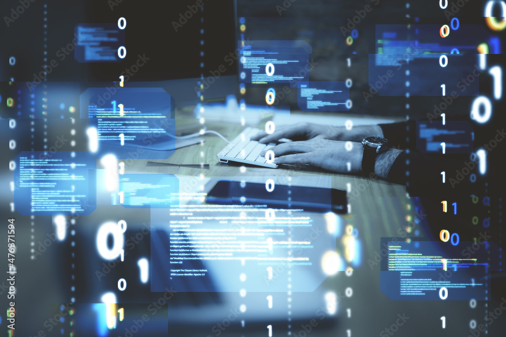 Poster Close up of hands at desktop using computer keyboard with abstract coding binary code hologram on blurry background. Artificial intelligence and development concept. Double exposure.