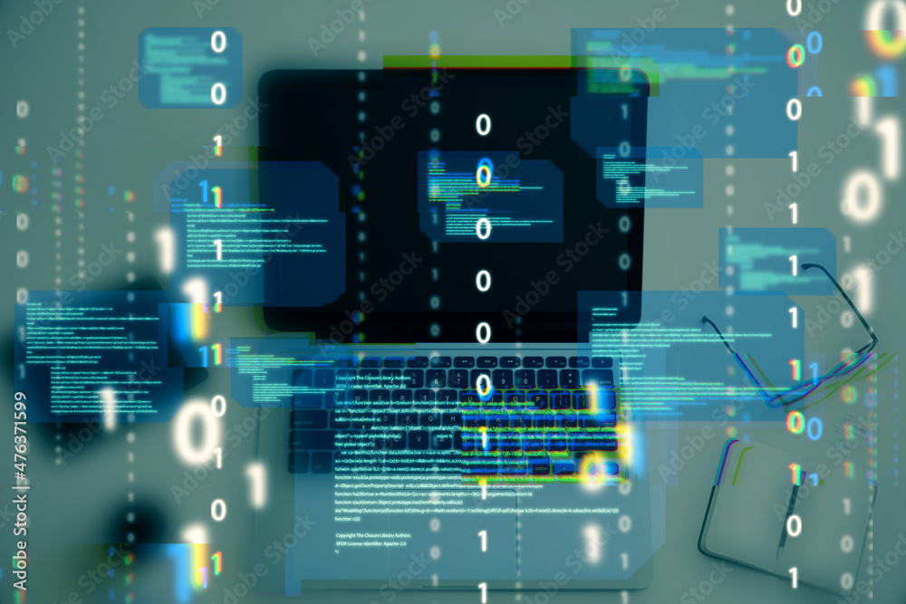 Poster Close up of desktop with notebook computer and abstract coding binary code hologram on blurry background. Artificial intelligence and development concept. Double exposure.