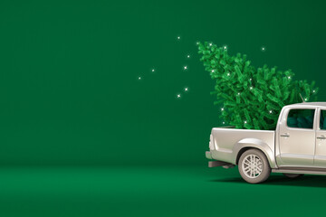 White truck carrying pine tree with sparkling lights on green background. Trendy 3d render for social media banners, promotion, christmas.
