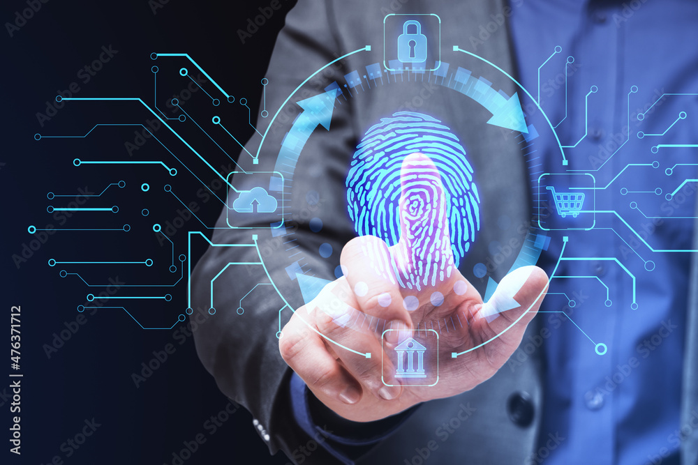 Poster close up of man hand pointing at creative blue fingerprint scanning interface on dark background. bi
