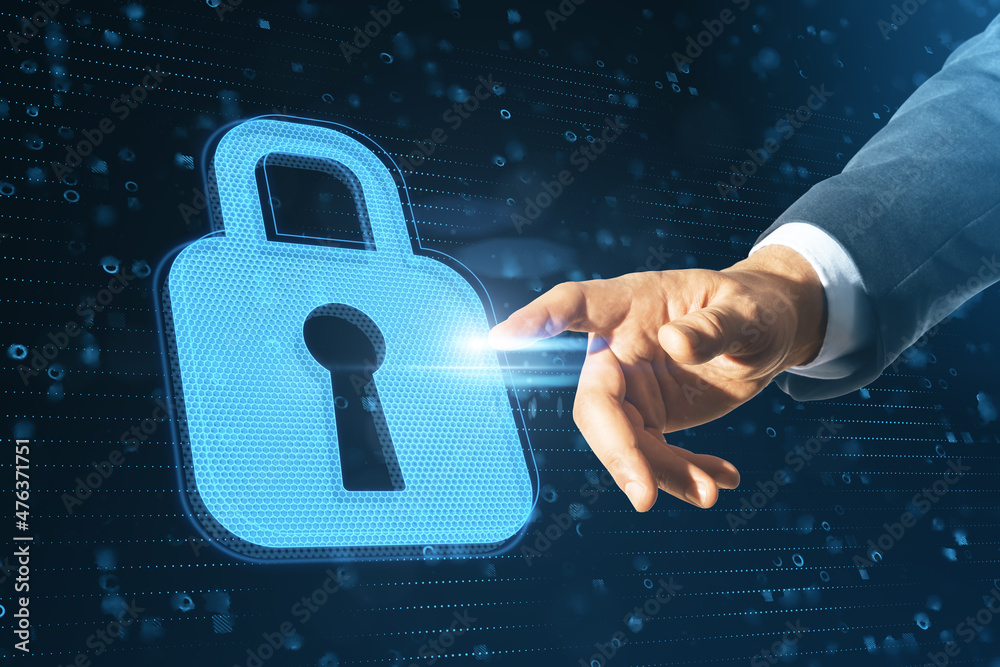 Poster close up of businessman hand pointing at abstract glowing padlock interface on blurry pattern backgr