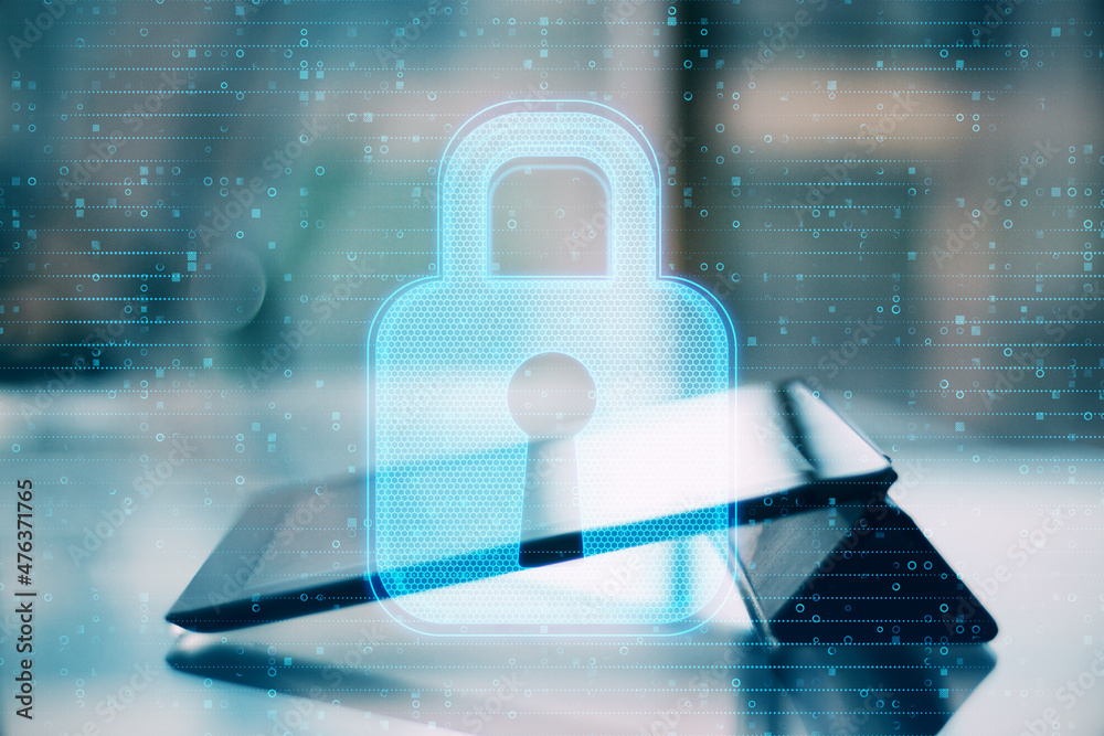 Poster close up of tablet with abstract glowing padlock interface on blurry outdoor background. safety, fir