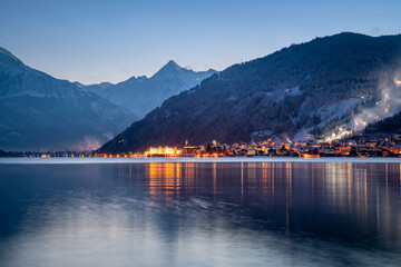 Panorama of the Zeller See with the town of Zell am See and the Kitzsteinhorn in winter, Salzburger...