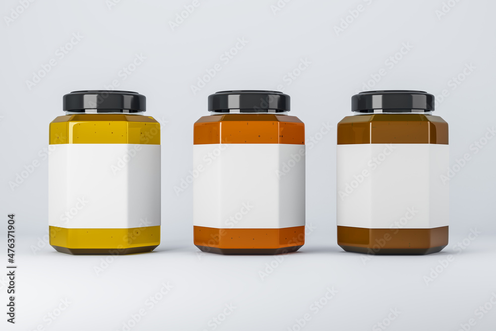 Poster empty label honey jars on light background. product packaging, sales and marketing concept. mock up,
