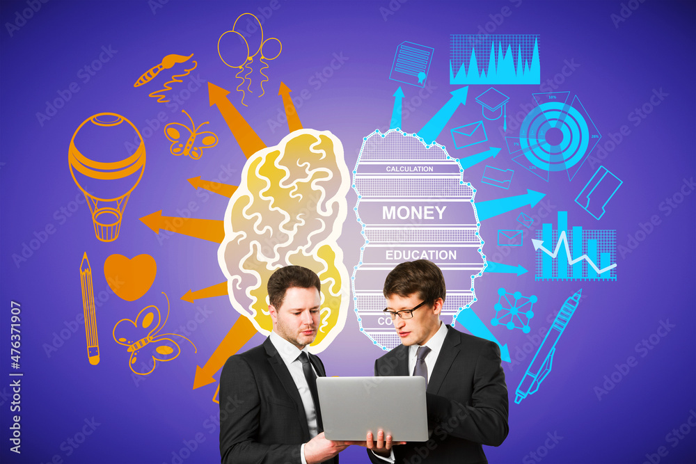 Poster two attractive european businessmen using laptop with creative brain sketch with creative and analyt