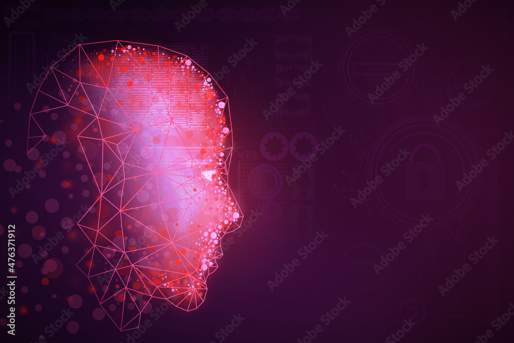 Aufkleber Creative pink polygonal head outline on dark background with mock up place. Artificial intelligence and machine learning. 3D Rendering.