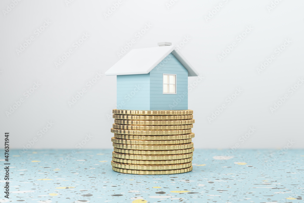 Poster creative house on golden coins stack. light blue background with mock up place. mortgage, money and 