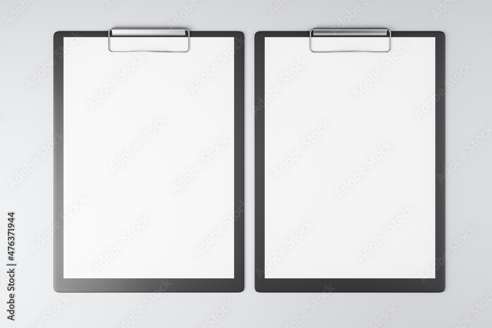 Aufkleber top view and close up of empty white clipboards on light backdrop, stationery and mock up supplies c