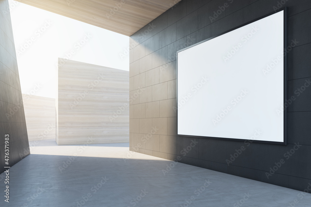 Poster Abstract concrete tile space interior background with empty white mock up frame and sunlght. Design and abstraction concept. 3D Rendering.