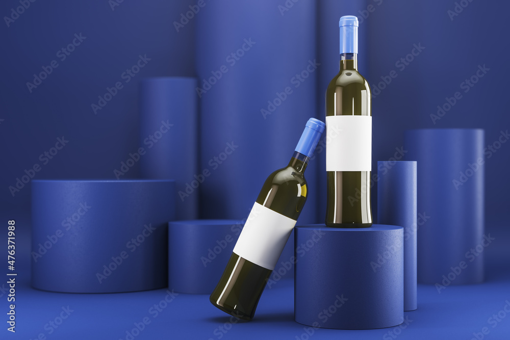 Aufkleber wine bottle with clean mock up label on blue background. advertisement and branding, liqor and bever