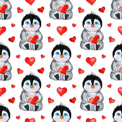 Watercolor painting pattern penguin and red hearts. Seamless repeating holiday print for valentine's day, christmas and new year. Image for posters, wallpapers, banners, postcards. Isolated on white 