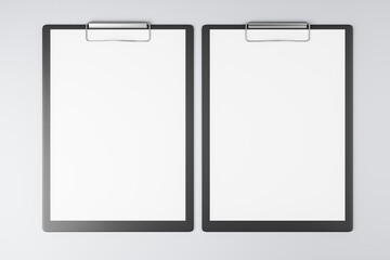 Top view and close up of empty white clipboards on light backdrop, Stationery and mock up supplies concept. 3D Rendering.