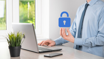 Cyber security network. Padlock icon and internet technology networking. Businessman protecting data personal information on tablet and virtual interface. Data protection privacy concept. GDPR. EU