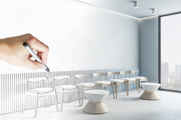 Sketch of creative office reception interior with panoramic city view and furniture. Design, repairs, blueprint, waiting area and workplace concept.