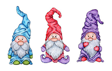 Watercolor painting set of gnomes. Illustrations of fairy-tale characters in the Scandinavian style. Illustration for clothing, packaging, gifts, cards, posters and stationery. Isolated over white