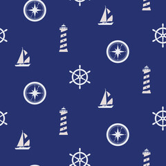 Seamless marine pattern. Lighthouse, sailboat, compass and steering wheel on a blue background. Color vector illustration. EPS10