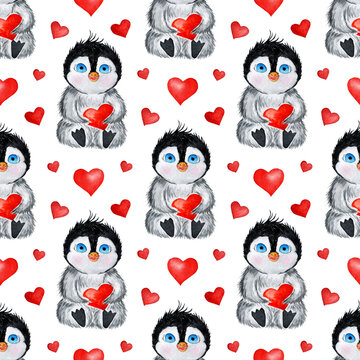 Watercolor painting pattern penguin and red hearts. Seamless repeating holiday print for valentine's day, christmas and new year. Image for posters, wallpapers, banners, postcards. Isolated on white 