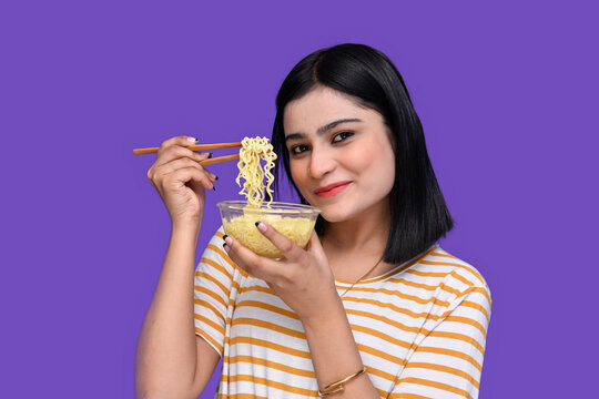 Foodie Girl Holding Noodles And Looking Front Indian Pakistani Model