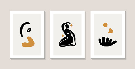 Matisse style. Set of three abstract posters with female silhouettes and abstract corals.