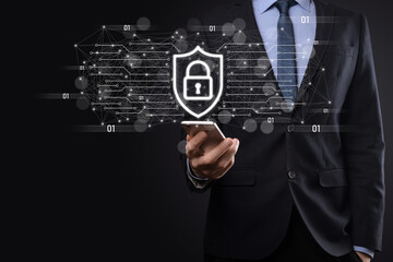 Protection network security computer and safe your data concept, Businessman holding shield protect icon. lock symbol, concept about security, cybersecurity and protection against dangers