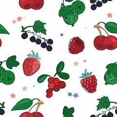 Seamless pattern with decorative forest and garden berries isolated on white. Background with a summer harvest for printing on children's fabric, wallpaper, wrapping paper. Cartoon vector illustration