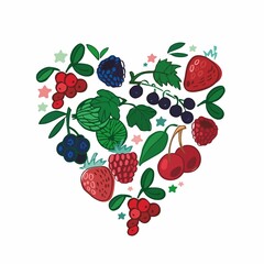 Decorative forest and garden berries in the shape of a heart isolated on white. Banner concept about the love of the summer harvest for the decor of the nursery, posters, sticker. Vector illustration.
