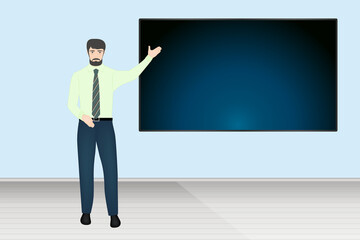 Man showing a blank tv monitor screen on the wall, vector illustration
