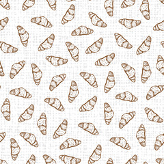 Vector white Croissant bread doodle seamless repeat pattern with canvas background. Suitable for textile, cafe menu design and wallpaper.