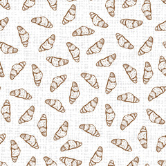 Vector white Croissant bread doodle seamless repeat pattern with canvas background. Suitable for textile, cafe menu design and wallpaper.