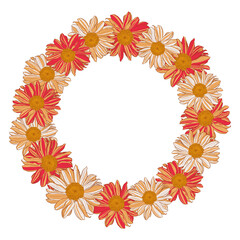 Fototapeta na wymiar Decorative floral frame of red-orange-beige daisies on white background, can be used for greeting cards, postcards, banners. Vector illustration.